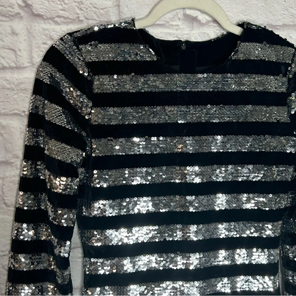 RtA Silver Sequin and Black Velvet Striped Lomg Sleeve Bodycon Mini Dress